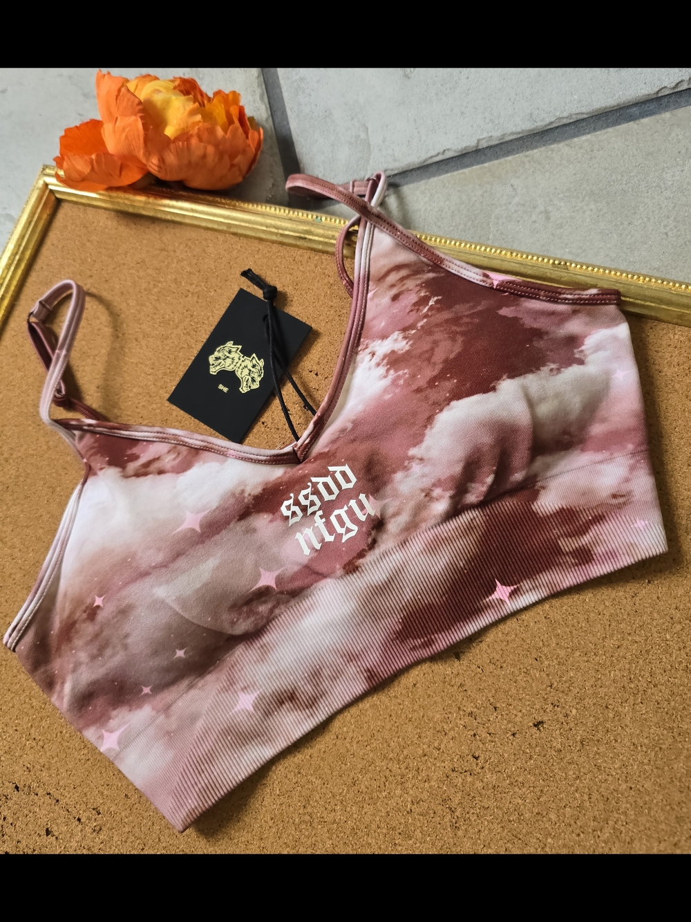 Darc Sport Pink/Rust Cloud Tie-Dye Seamless Sports Bra with White Graphic